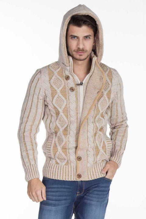 CP161 High Collar Buttoned Hooded Patterned Men's Cardigan