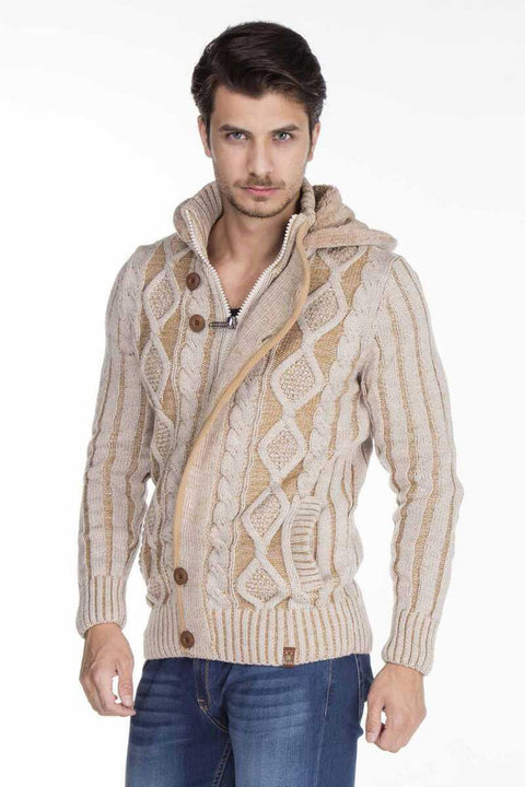 CP161 High Collar Buttoned Hooded Patterned Men's Cardigan