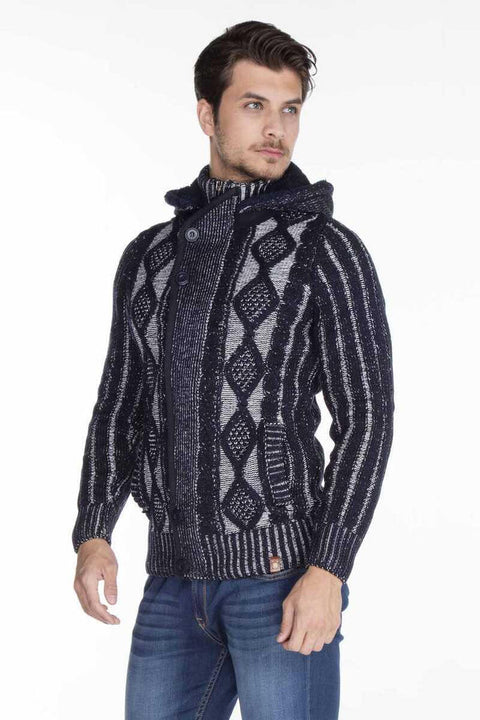 CP161 High Collar Buttoned Hooded Patterned Men's Cardigan