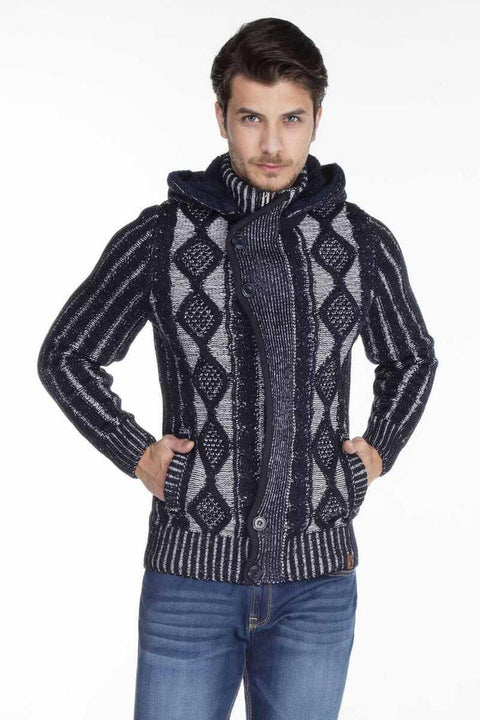 CP161 High Collar Buttoned Hooded Patterned Men's Cardigan