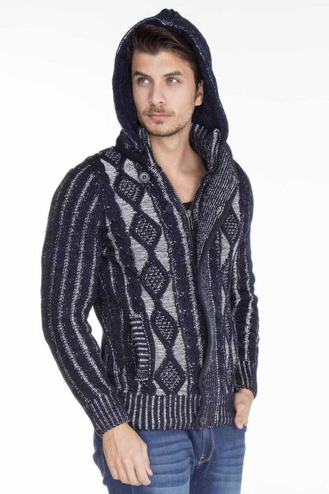 CP161 High Collar Buttoned Hooded Patterned Men's Cardigan