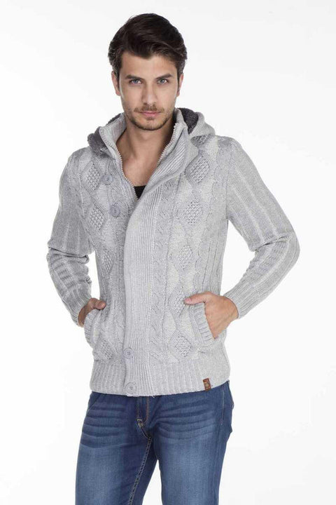 CP161 High Collar Buttoned Hooded Patterned Men's Cardigan