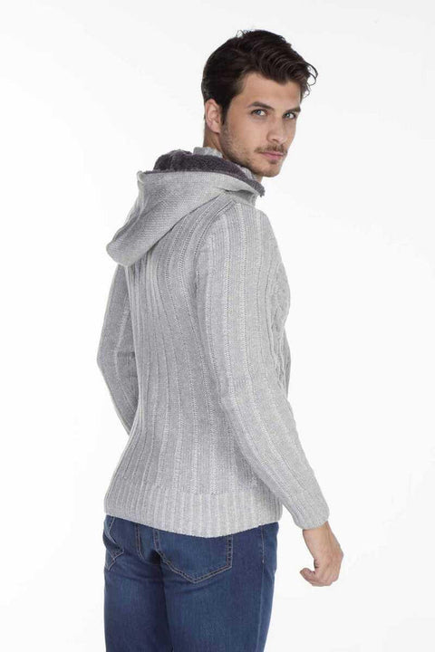 CP161 High Collar Buttoned Hooded Patterned Men's Cardigan