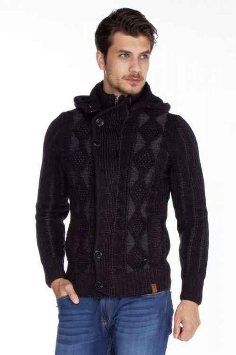 CP161 High Collar Buttoned Hooded Patterned Men's Cardigan