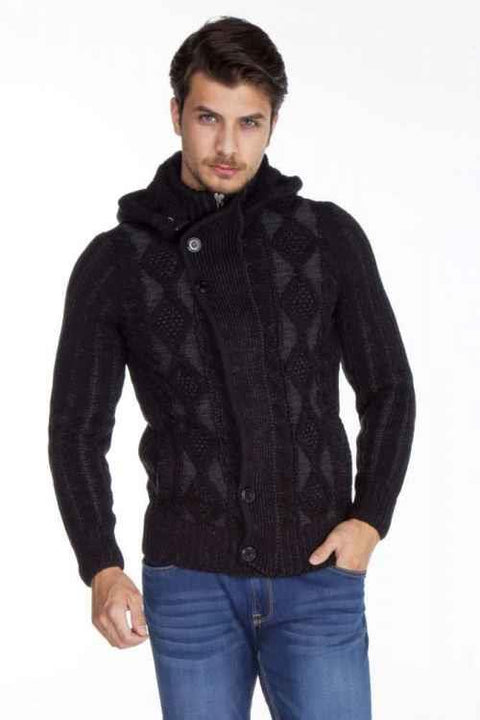 CP161 High Collar Buttoned Hooded Patterned Men's Cardigan