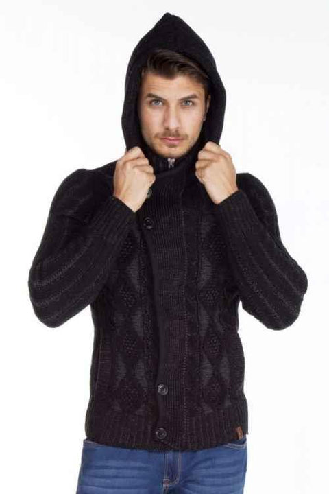 CP161 High Collar Buttoned Hooded Patterned Men's Cardigan
