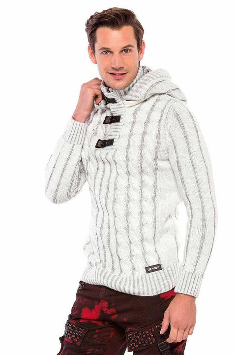 CP214 Plush Hooded Collar Knitted Pattern Thick Sweater
