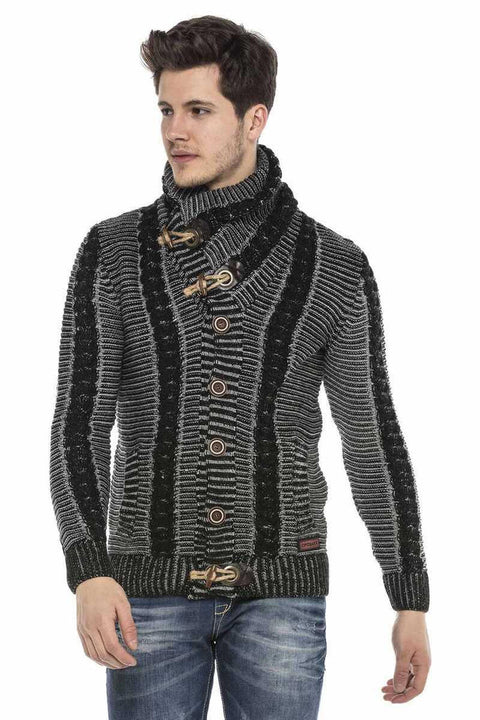 CP215 Lock Button Thick Stand Collar Knitted Wool Men's Cardigan