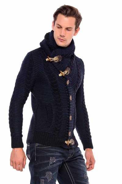 CP215 Lock Button Thick Stand Collar Knitted Wool Men's Cardigan