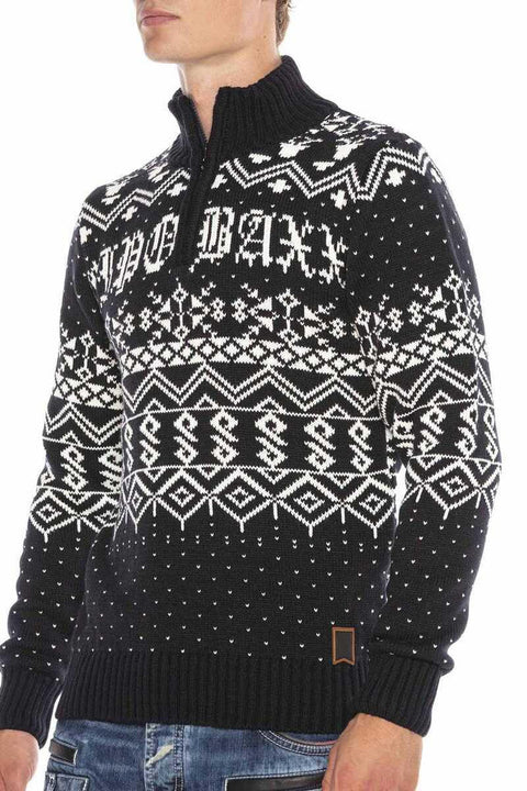 CP233 High Collar Zippered Patterned Thick Sweater