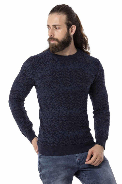 CP272 Textured Round Collar Navy Blue Sweater