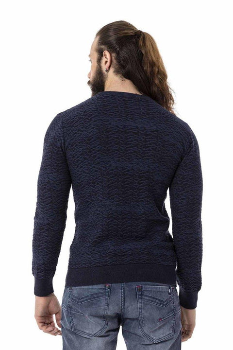 CP272 Textured Round Collar Navy Blue Sweater
