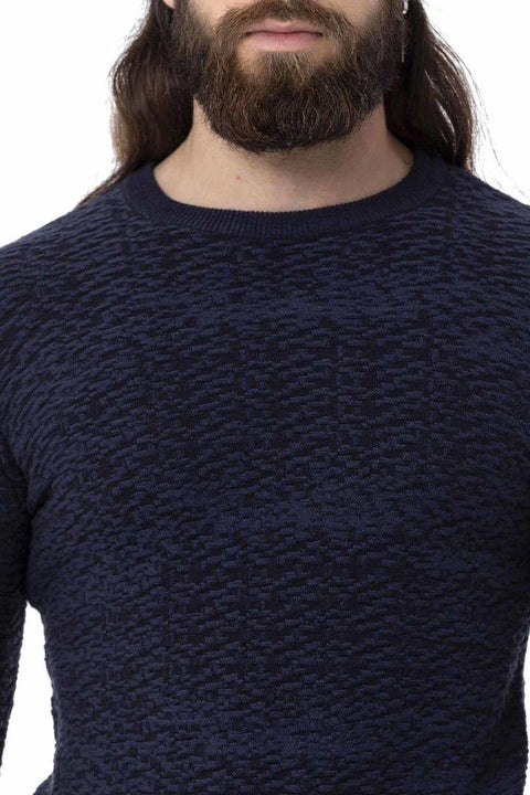 CP272 Textured Round Collar Navy Blue Sweater