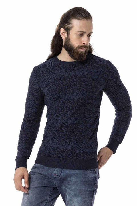 CP272 Textured Round Collar Navy Blue Sweater