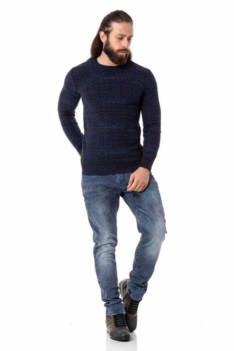 CP272 Textured Round Collar Navy Blue Sweater