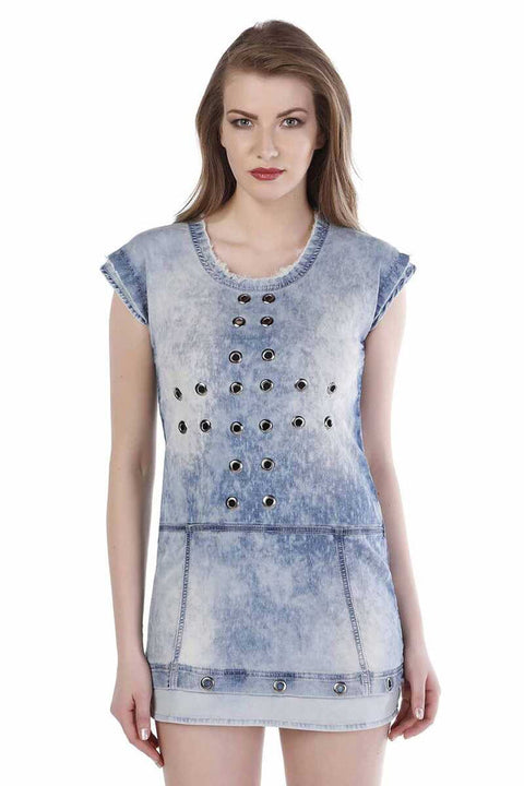 WY108 Perforated Metal Detailed Denim Mini Dress