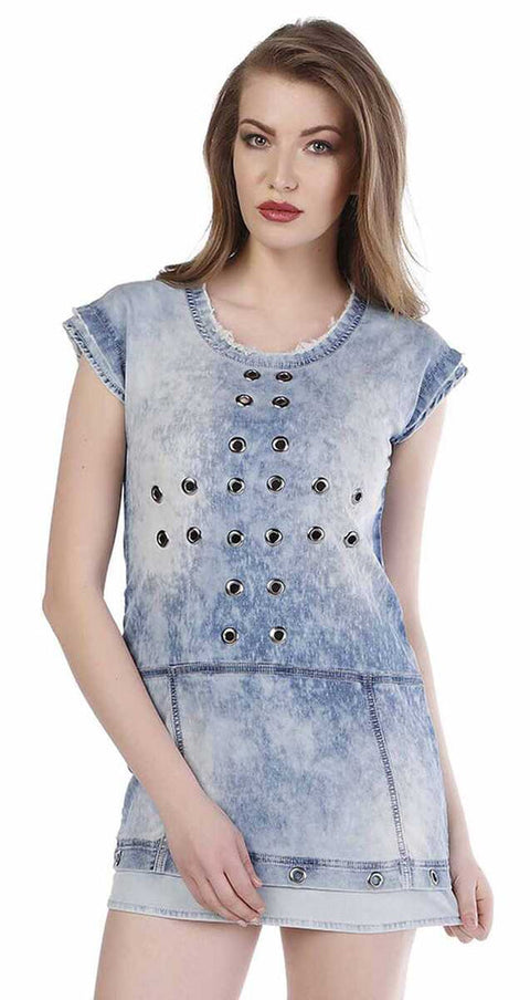 WY108 Perforated Metal Detailed Denim Mini Dress
