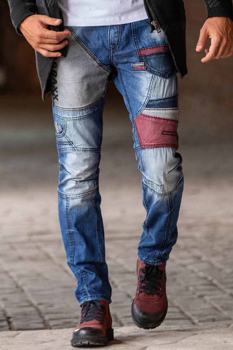 CD574 Embroidered Piece Colored Patchwork Regular Cut Jeans