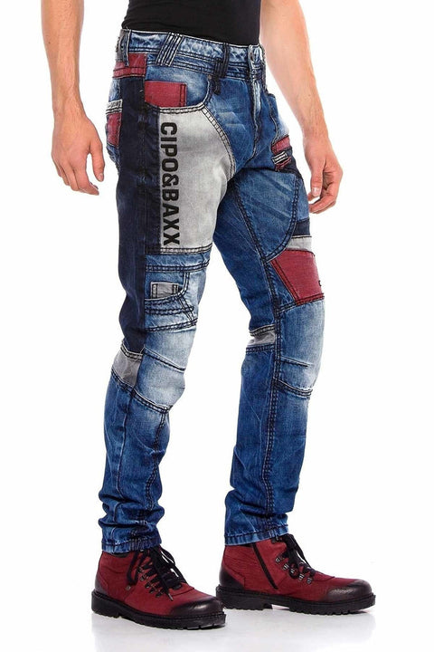 CD574 Embroidered Piece Colored Patchwork Regular Cut Jeans
