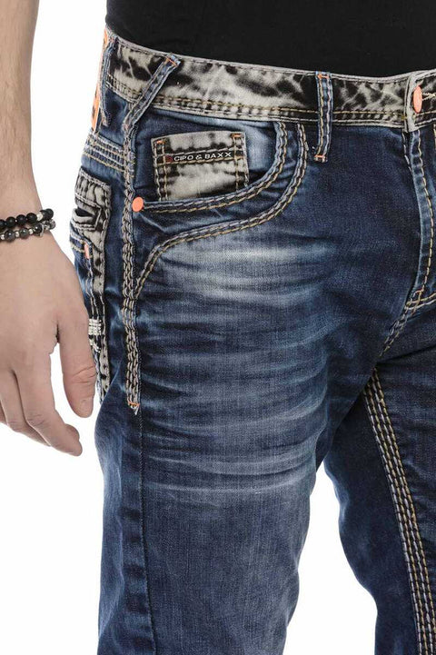 CD593 Thick Stitched Jeans with Neon Label