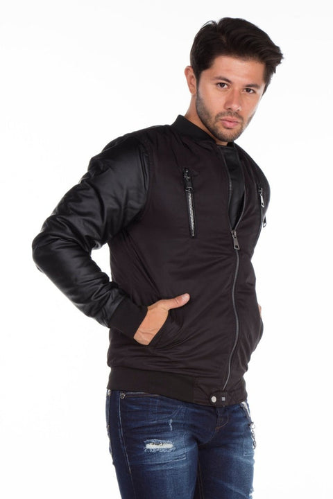 CJ175 Dragon Motif Leather Sleeve Men's Coat