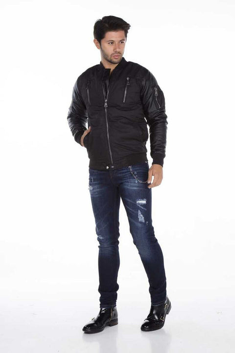 CJ175 Dragon Motif Leather Sleeve Men's Coat