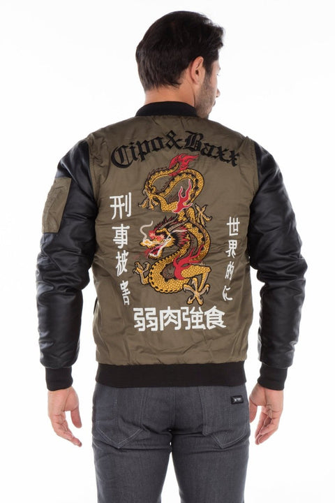 CJ175 Dragon Motif Leather Sleeve Men's Coat