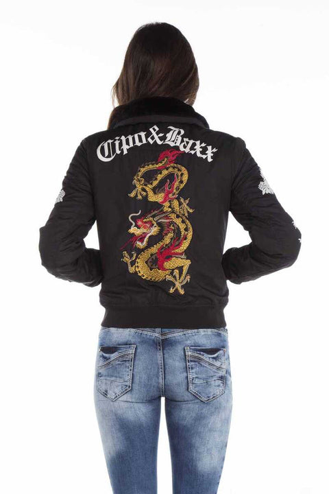 WJ137 Dragon Skull Embroidered Fur Collar Women's Coat
