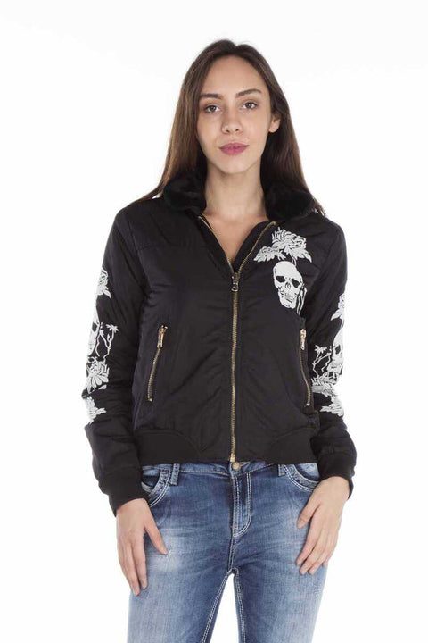 WJ137 Dragon Skull Embroidered Fur Collar Women's Coat
