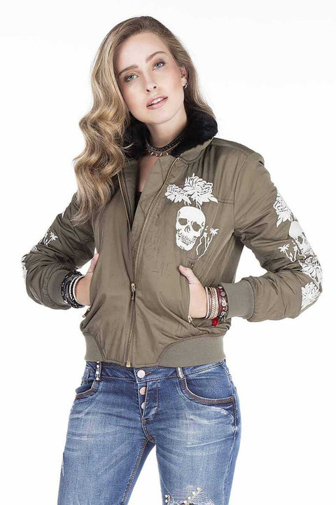 WJ137 Dragon Skull Embroidered Fur Collar Women's Coat