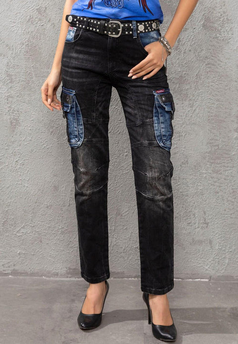 WD521 Contrast Colored Women's Jean Trousers with Cargo Pockets