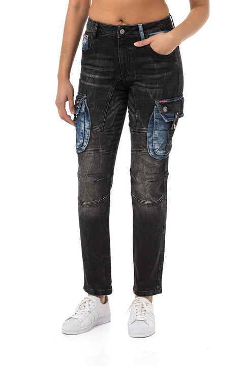 WD521 Contrast Colored Women's Jean Trousers with Cargo Pockets