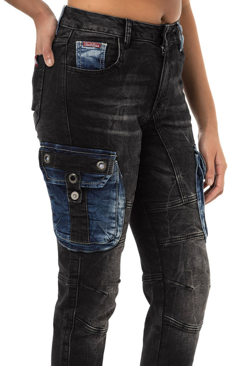 WD521 Contrast Colored Women's Jean Trousers with Cargo Pockets