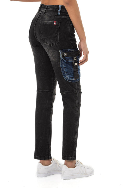 WD521 Contrast Colored Women's Jean Trousers with Cargo Pockets