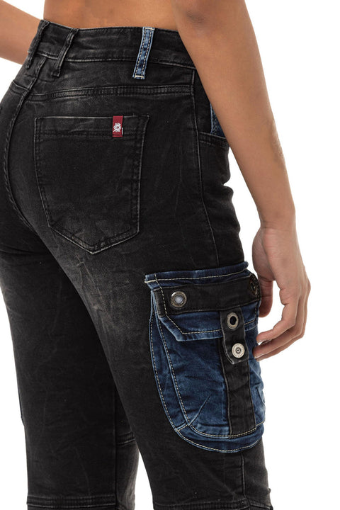 WD521 Contrast Colored Women's Jean Trousers with Cargo Pockets
