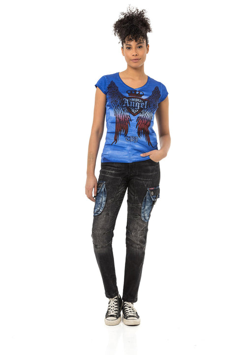 WD521 Contrast Colored Women's Jean Trousers with Cargo Pockets