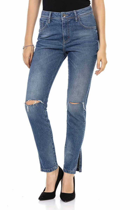 WD448 Torn Knee Blue Mom Jean Pants