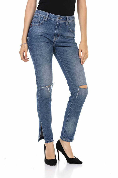 WD448 Torn Knee Blue Mom Jean Pants