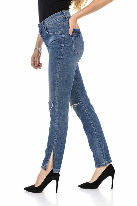 WD448 Torn Knee Blue Mom Jean Pants