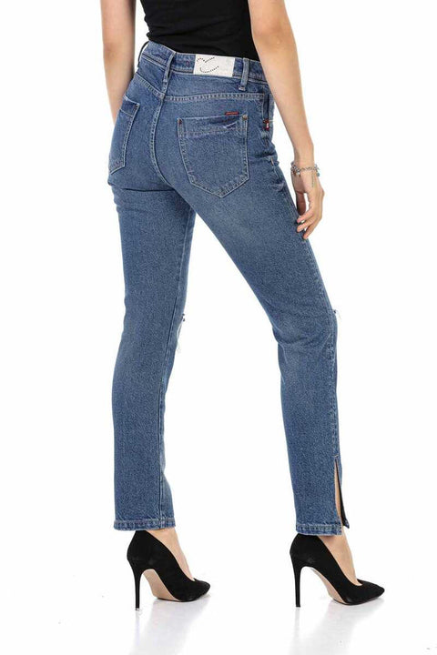 WD448 Torn Knee Blue Mom Jean Pants