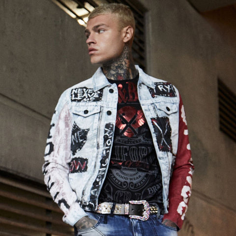 CJ241 Handwriting Painting Zipper Denim Men's Jean Jacket