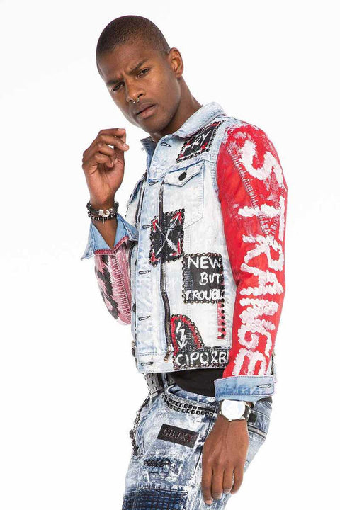 CJ241 Handwriting Painting Zipper Denim Men's Jean Jacket