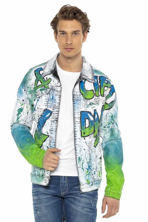 CJ254 Neon Graffiti Painting Men's Denim Jacket