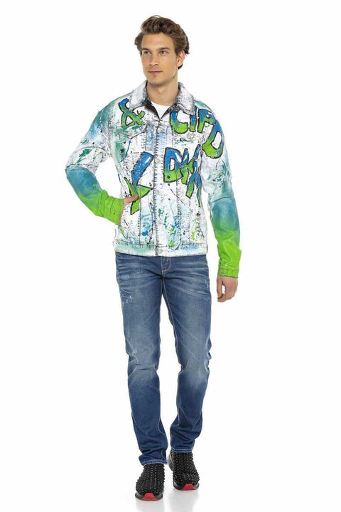 CJ254 Neon Graffiti Painting Men's Denim Jacket