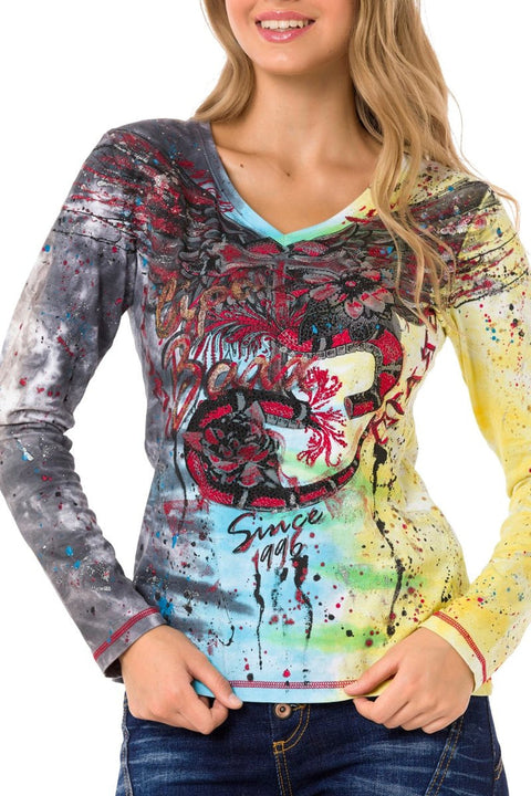 WL339 Stoned V-Neck Patterned Thin Sweatshirt