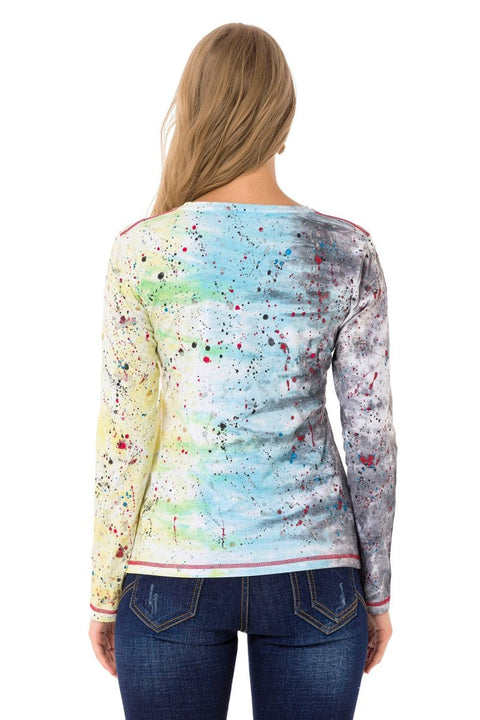WL339 Stoned V-Neck Patterned Thin Sweatshirt