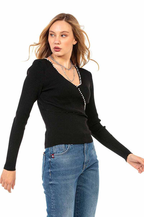 WP207 Beaded V-Neck Women's Knitwear