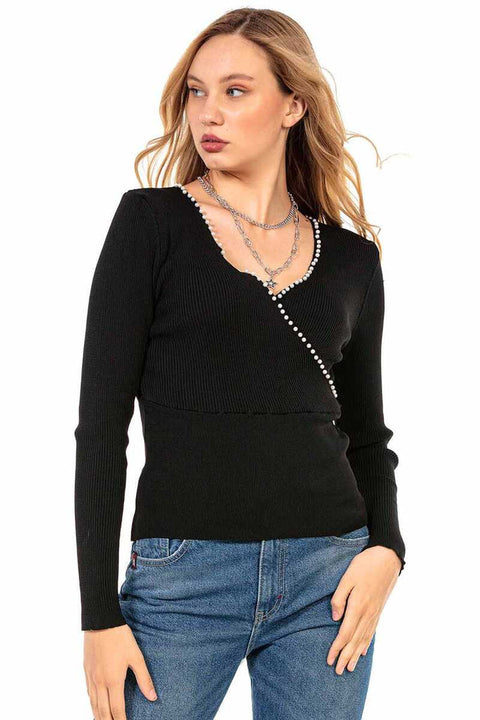 WP207 Beaded V-Neck Women's Knitwear