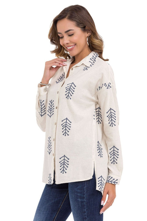 WH129 Embroidery Detailed Linen Women's Shirt
