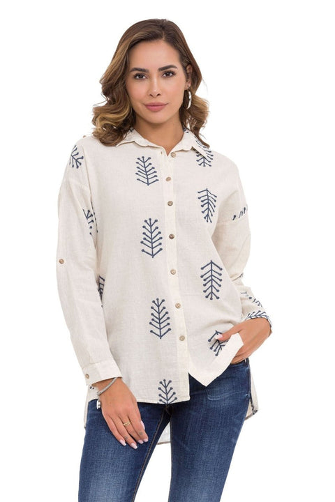 WH129 Embroidery Detailed Linen Women's Shirt